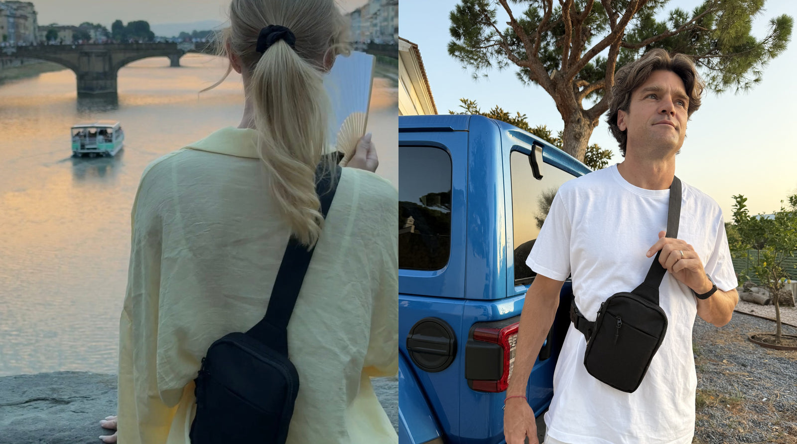 Two travelers each wearing the Essential Sling Pro